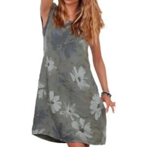 Made in Italy Pure Flax Linen Floral Print Cap Sleeve Dress Size M (US 8-10) NEW